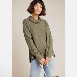 Maeve by Anthropologie Vanna cowl neck ribbed pullover sweater in olive green.